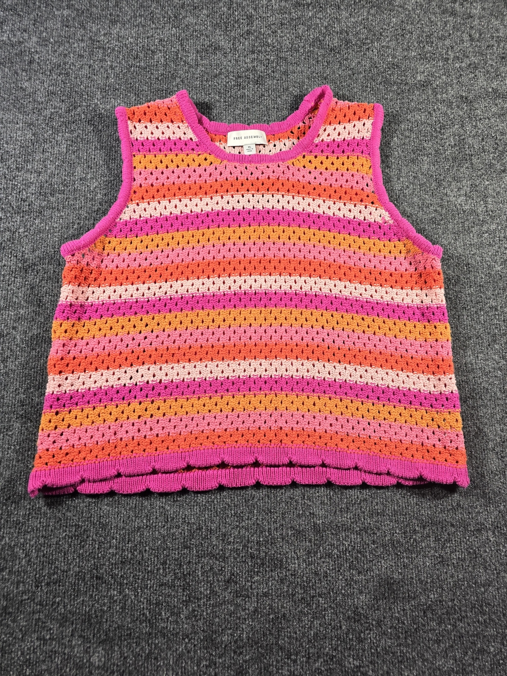 Free Assembly Crochet Knit Tank Top Pink Orange Stripe Scallop Hem XL